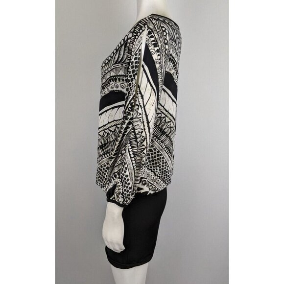 NICOLE BY NICOLE MILLER - WOMEN'S BLACK & CREAM PRINT STRETCH BLOUSON DRESS - S - Picture 6 of 11